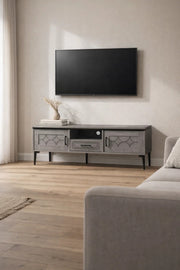 Grey TV Stand Ð 140x40x46 cm Modern Plasma Table with Cabinets & Drawer