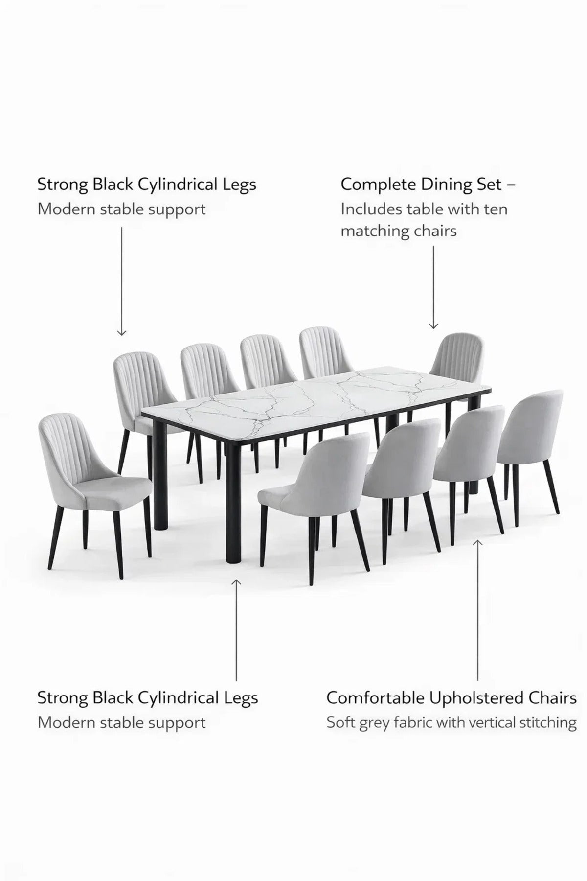 Luxury 11-Piece Dining Set featuring Marble Finish Table and Ten Grey Velvet Upholstered Chairs