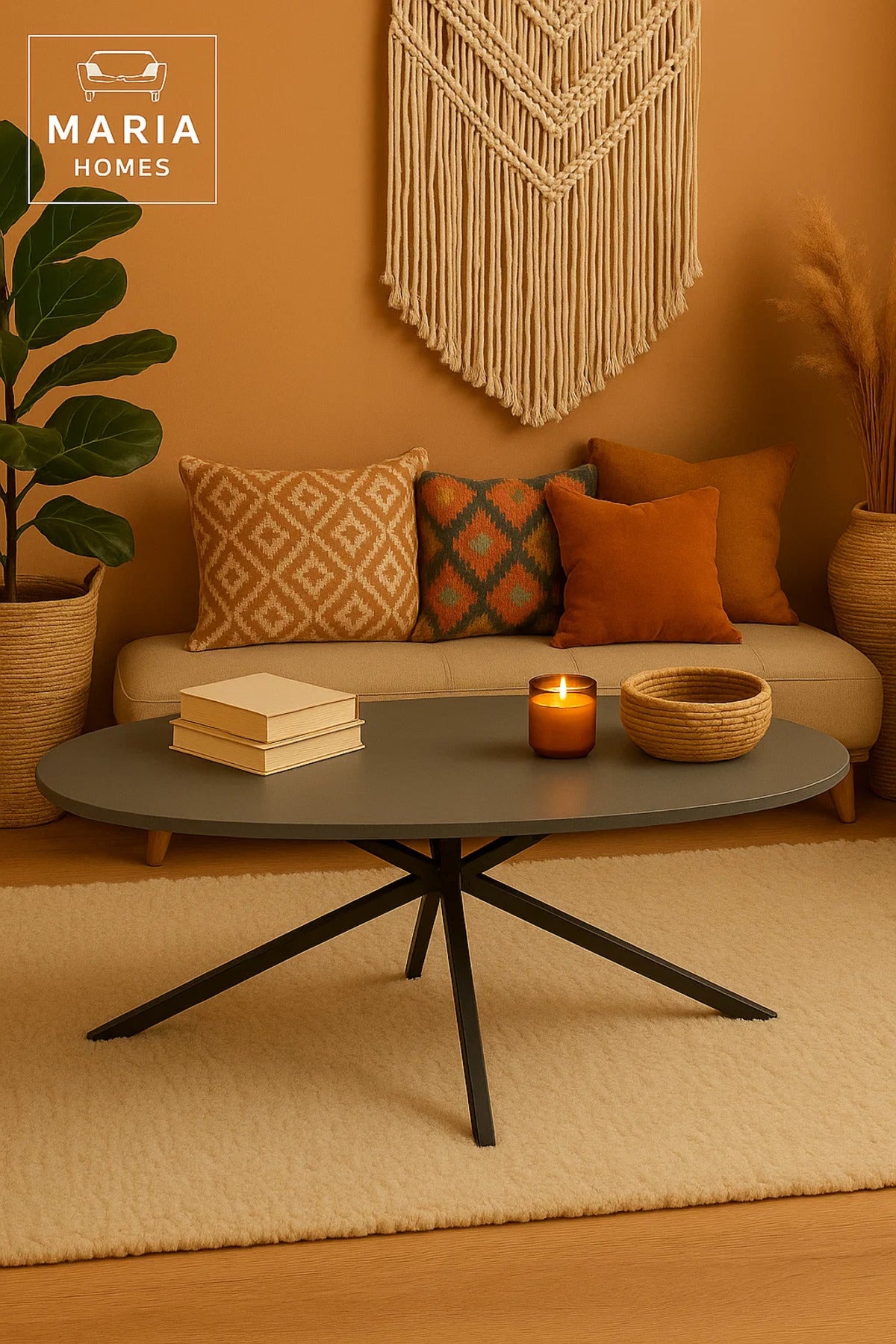 Center Table 130x70x45cm Ð Grey Stone Finish with Sleek Black Metal Legs