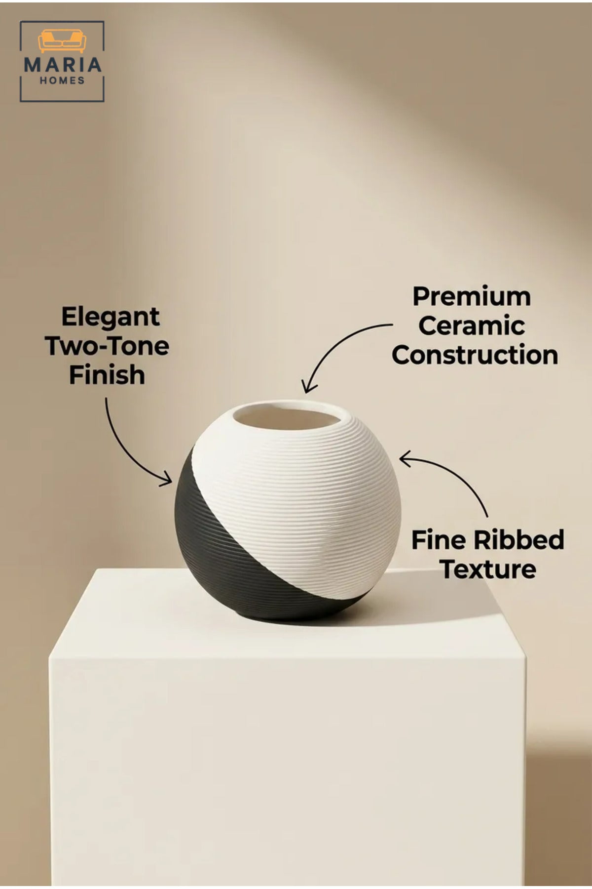 Modern Decorative Flower Vase with Two-Tone Abstract Design, Round Shape and Ribbed Texture for Living Room, Bedroom, Office, Shelf and Console Décor