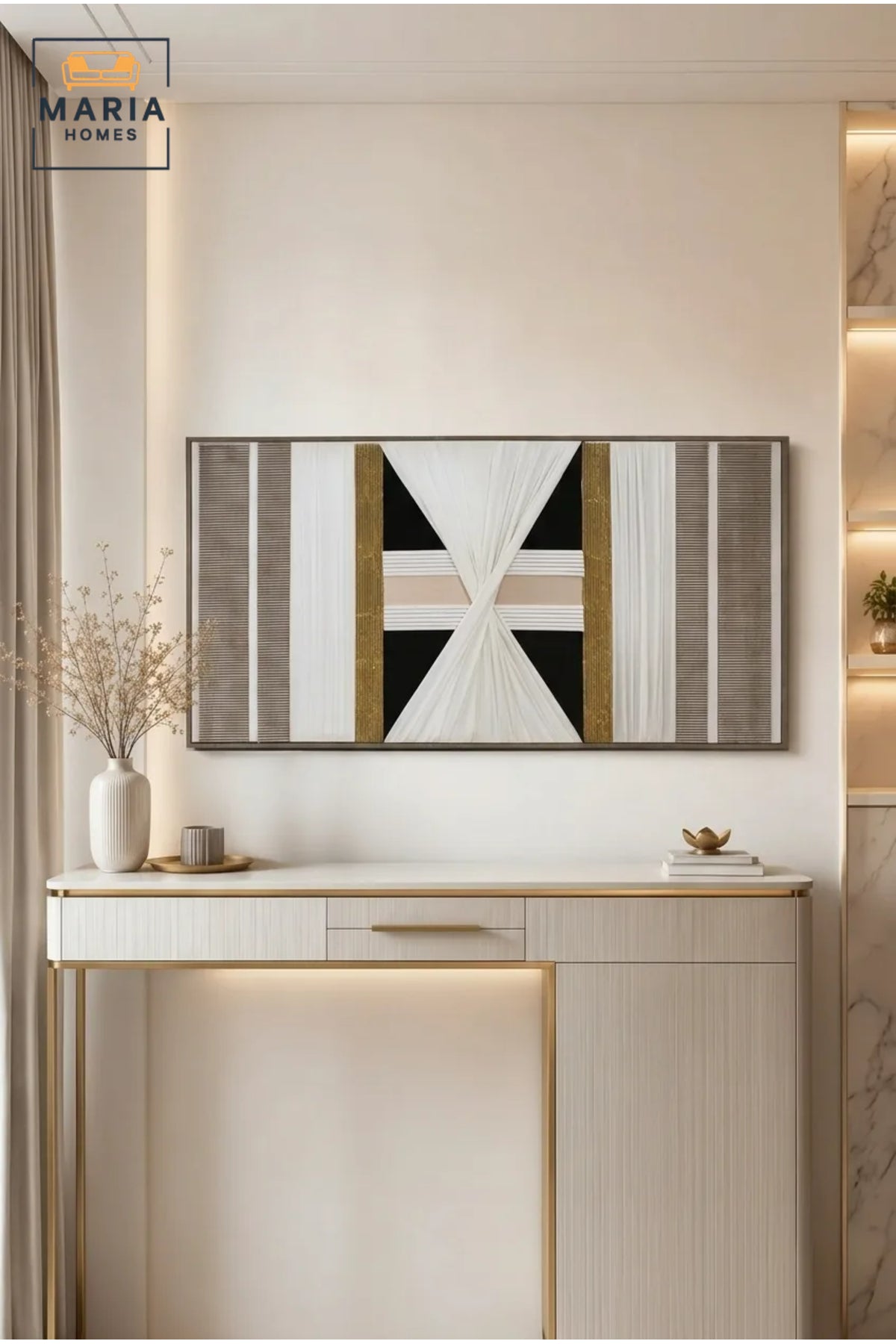 Luxury Horizontal Abstract Wall Art √ê Modern Geometric Textile Artwork with Gold Accents for Living Room, Dining Room & Office D≈Ωcor
