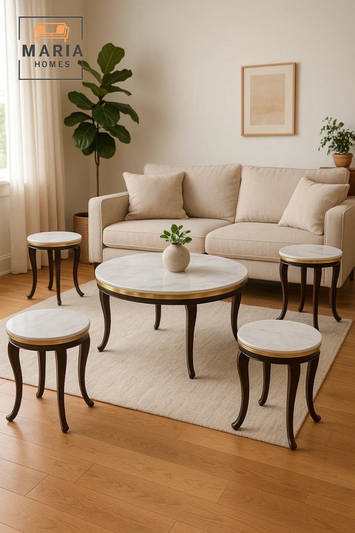 Ceramic Marble Tea Table Set 1+4 – Round Coffee Table and Side Tables 90×90×45 / 45×45×55