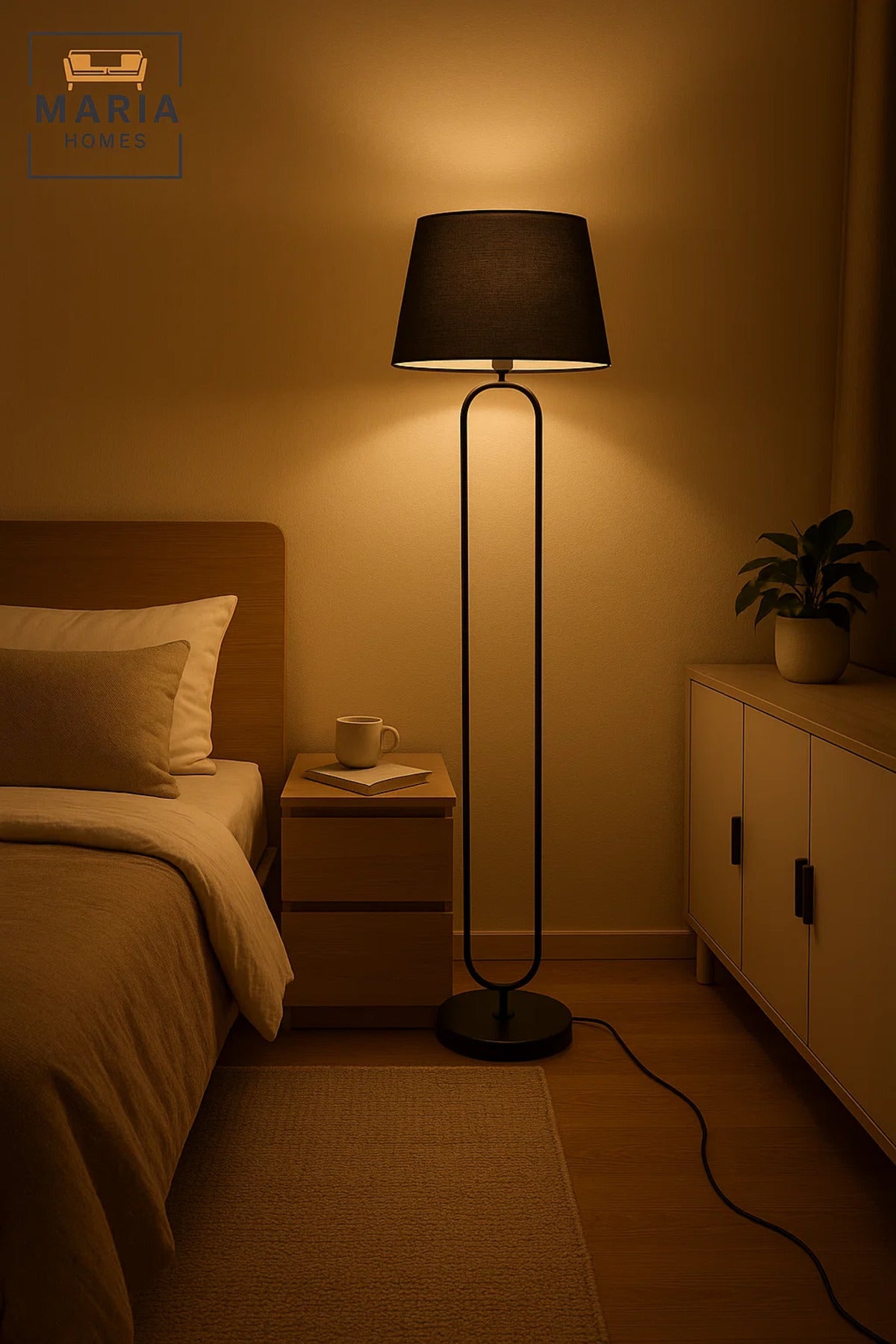 Modern Black Floor Lamp with Oval Frame and Fabric Shade