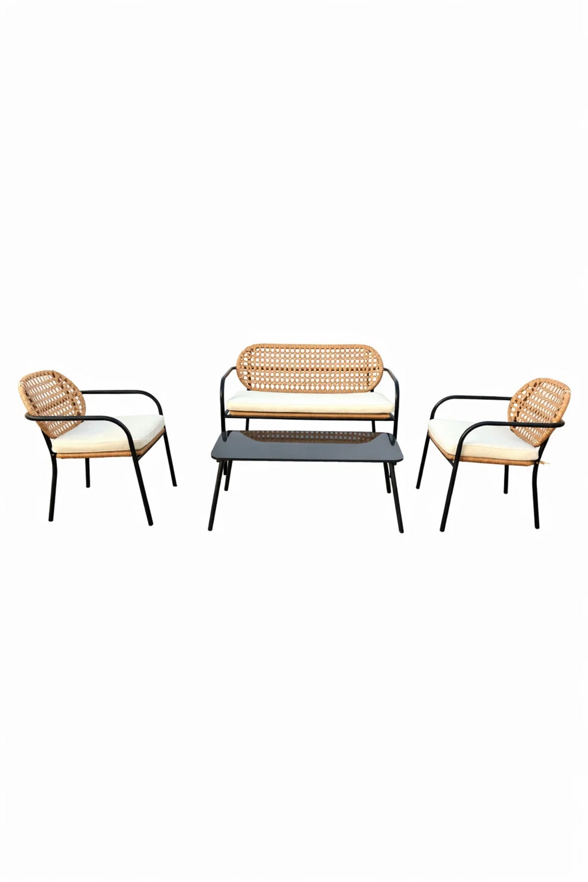 Stylish 4-Seater Conversation Set Black Metal Frame Beige Cushions Woven Back with Coffee Table