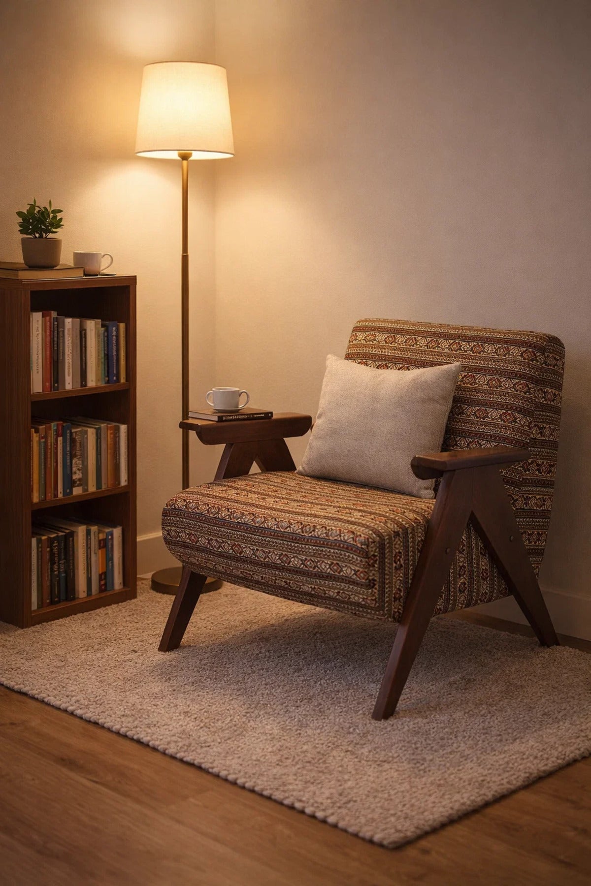 Elegant Wooden Armchair with Bohemian Patterned Fabric for Living Room and Office Interiors