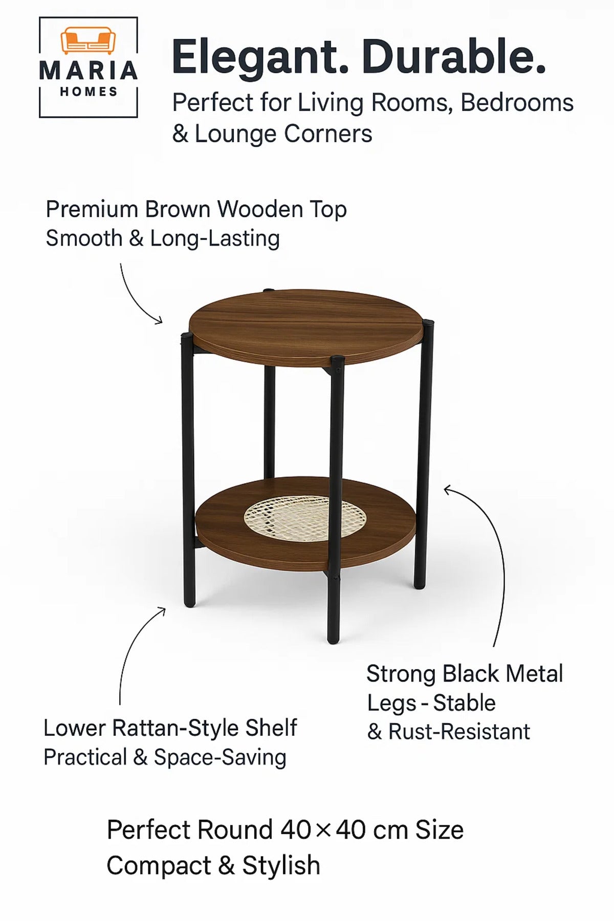 Modern Brown Side Table √ê Round Coffee Table with Rattan Storage Shelf 40_40_55 cm