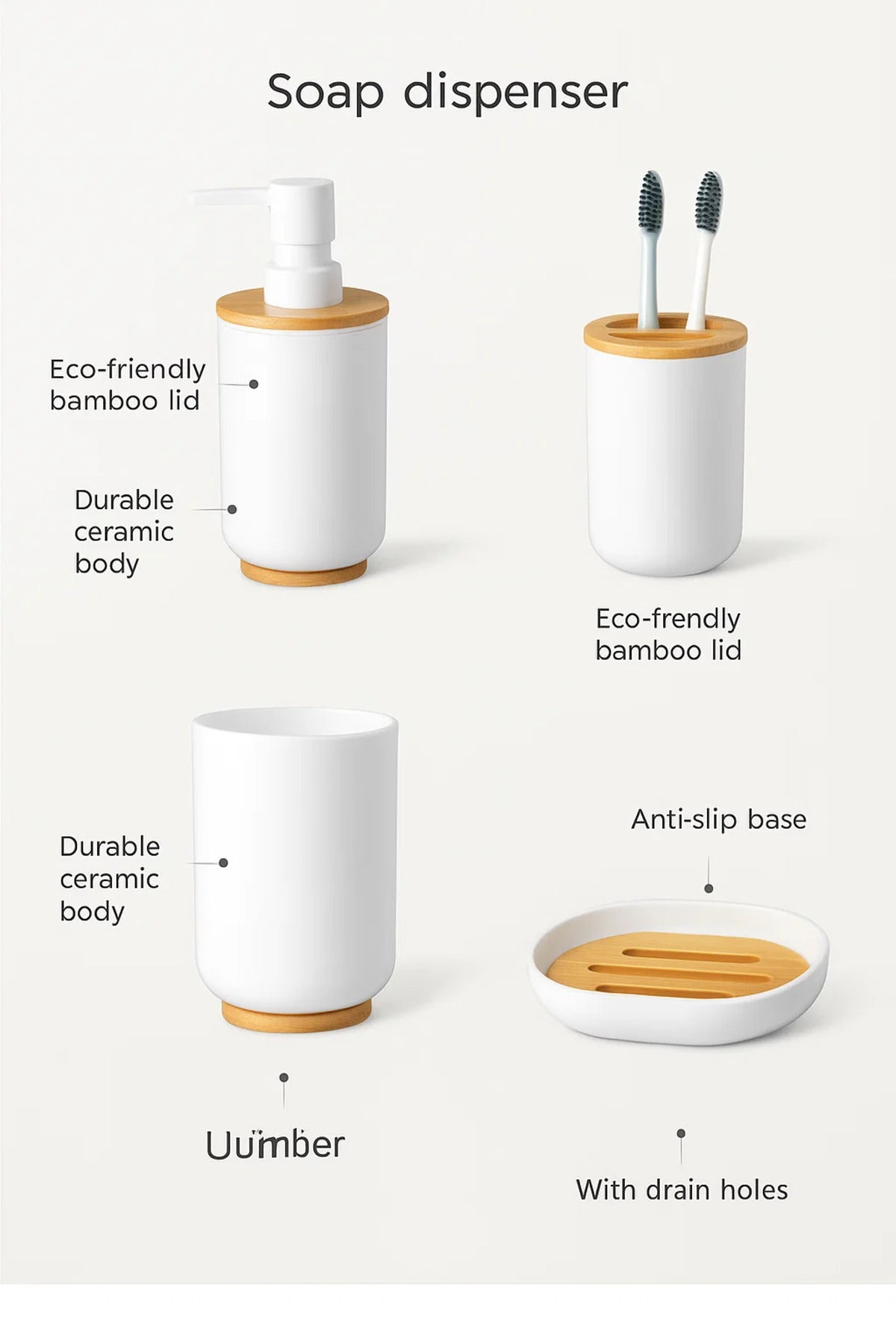Modern White & Bamboo Bathroom Set Ð 4-Piece Soap Dispenser, Tumbler & Organizer
