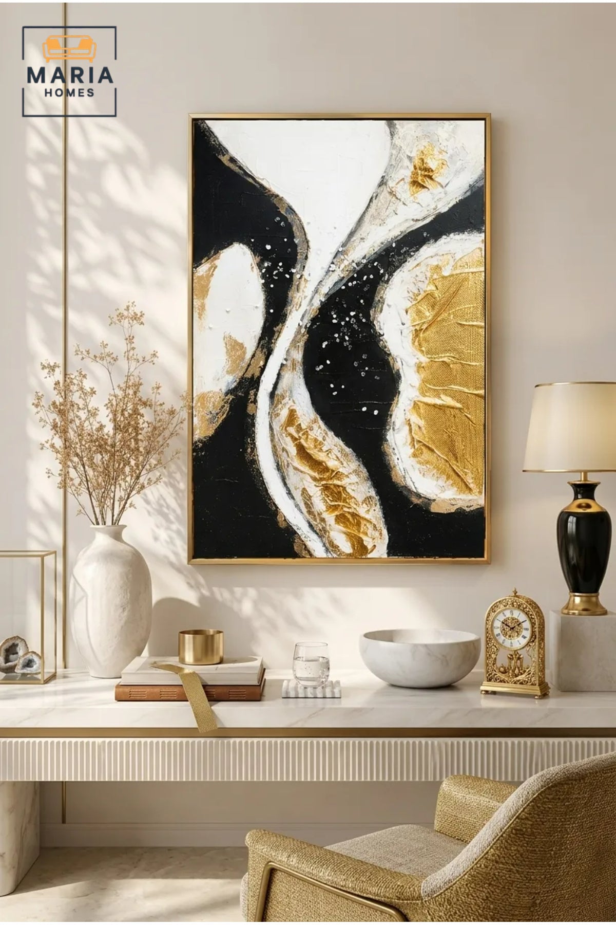 Luxury Abstract Framed Wall Art Ð Black, White & Gold Modern Painting for Living Room, Bedroom, Hallway & Office DŽcor