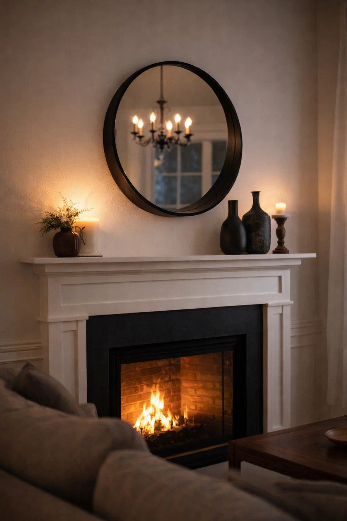 Modern Black Round Wall Mirror 70cm Wooden Frame Decorative Circle Mirror for Bathroom Bedroom