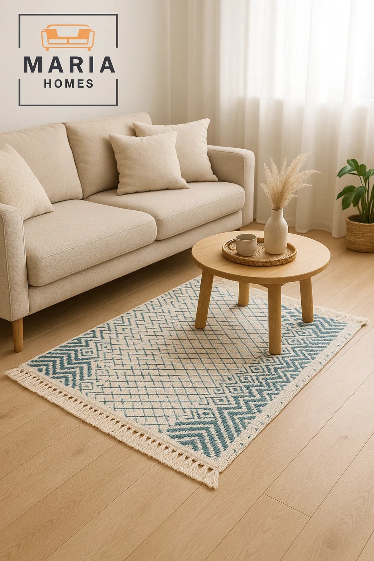 Geometric Cotton Accent Rug with Blue Diamond Pattern and Fringe √êsize 60x80 cm