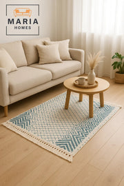 Geometric Cotton Accent Rug with Blue Diamond Pattern and Fringe √êsize 60x80 cm