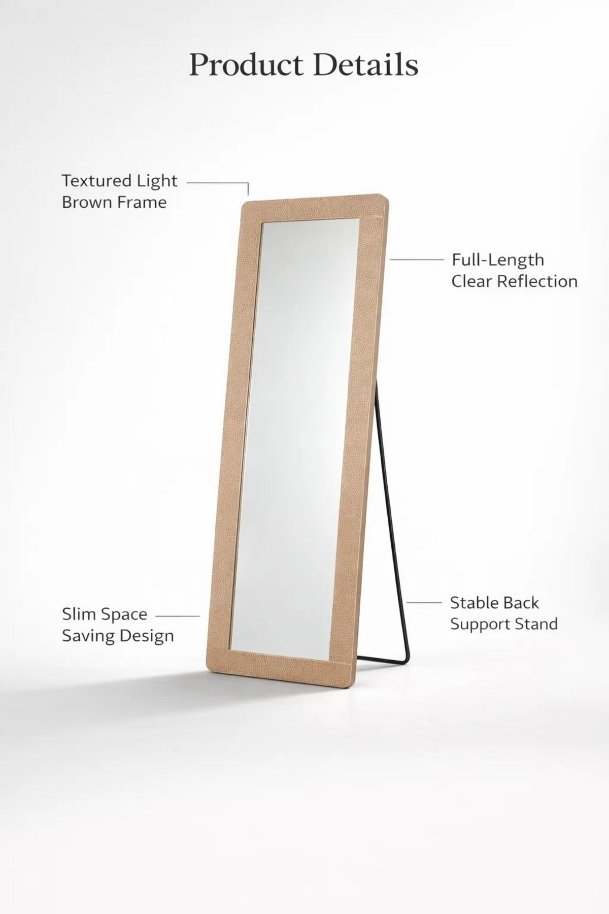 Full Length Standing Mirror Light Brown Frame 160x60cm for Bedroom