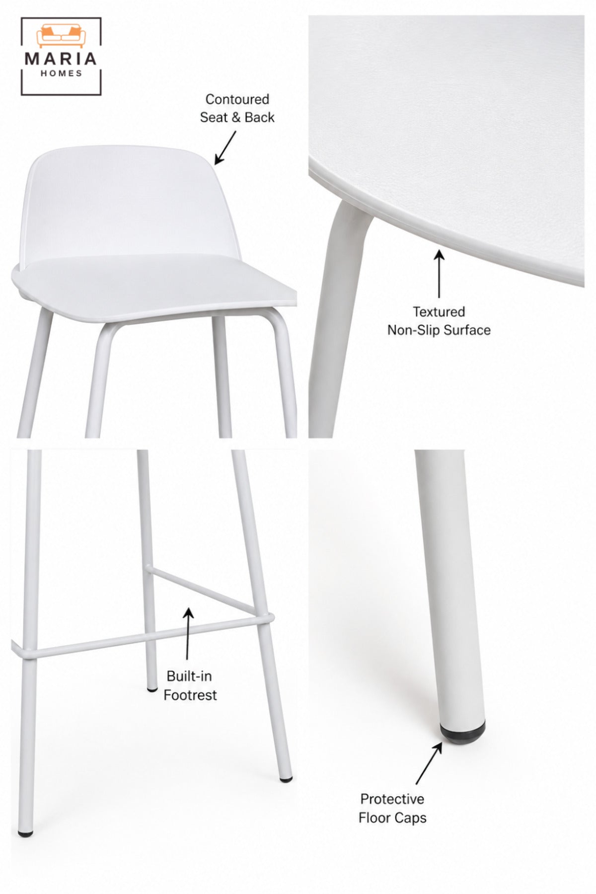 Modern Counter Bar Stool with Curved Backrest, Slim Frame and Integrated Footrest | High Kitchen Stool for Breakfast Bar, Café and Counter