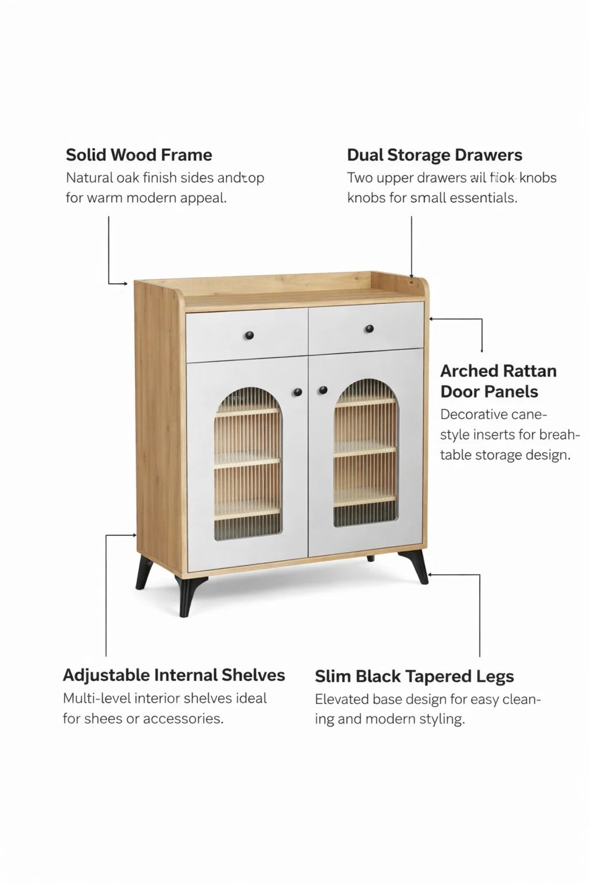 Premium 80cm Shoe Cabinet Sideboard with Drawers and Arched Glass Doors for Hallway Living Room