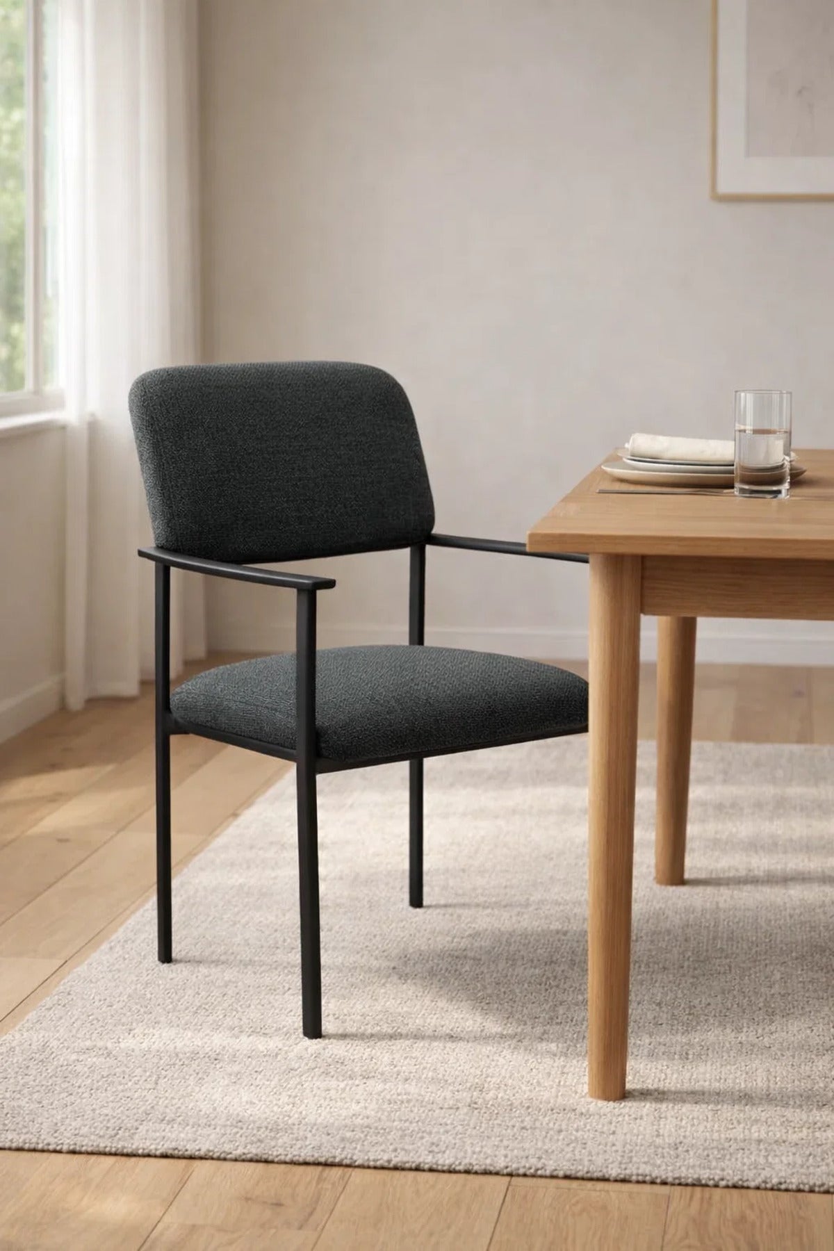Modern Dark Grey Upholstered Dining Chair with Arms Black Metal Base for Home Office Decor