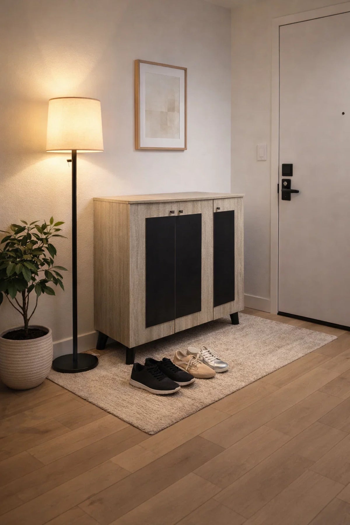 Modern Beige Black Shoe Storage Cabinet 3 Doors Entryway Organizer Unit Wood Design 90x91cm