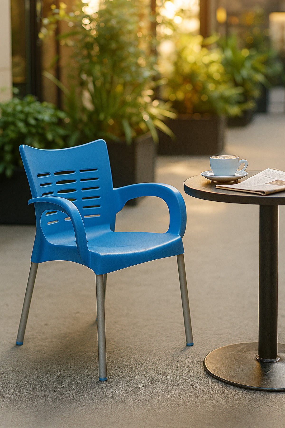 Modern Blue Plastic Outdoor Armchair for Garden Patio & Balcony Durable Stylish & Comfortable Design