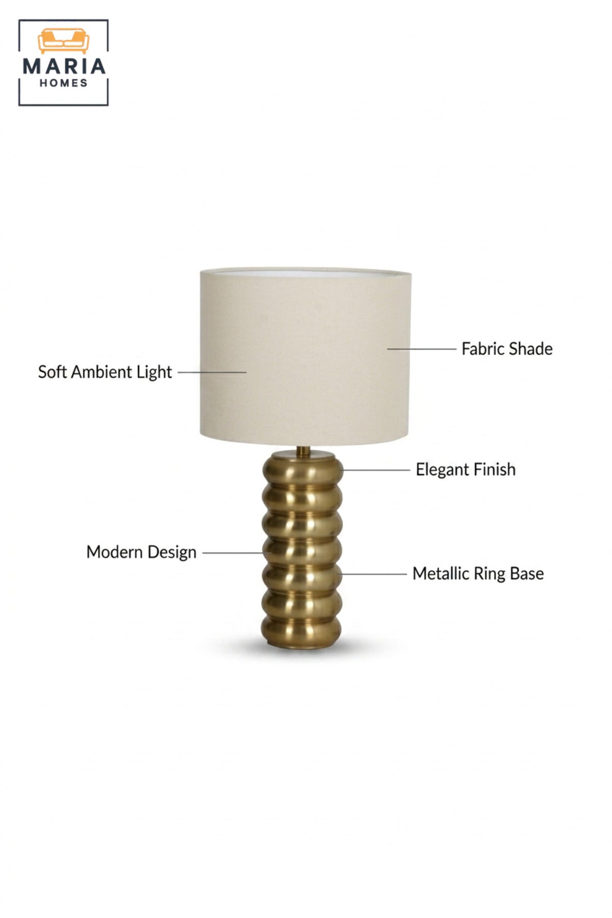 Modern Gold Ribbed Table Lamp with Fabric Drum Shade Sculptural Bedside Light for Bedroom Living Room Office Console Table and Hotel Décor