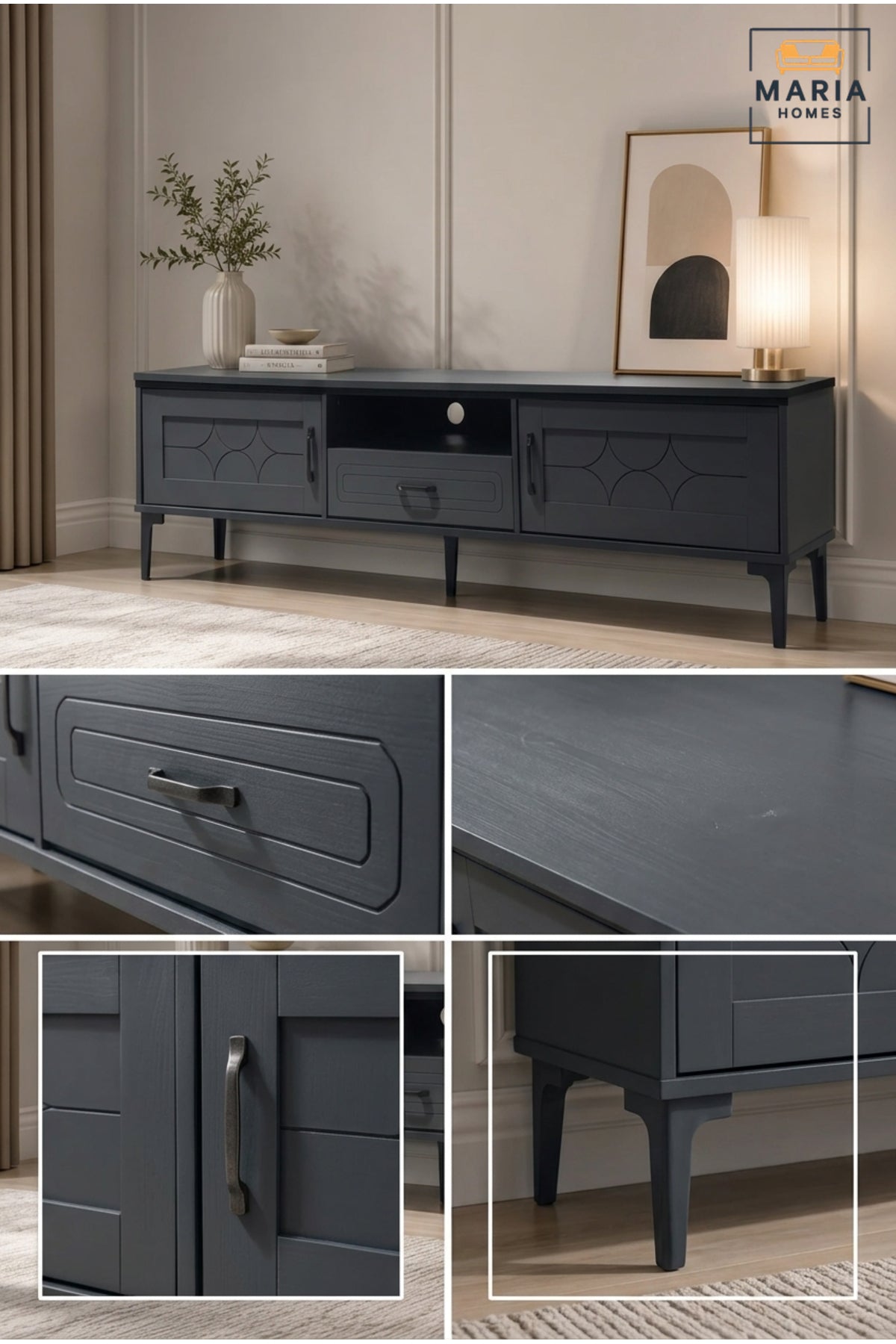 Modern TV Stand Entertainment Center Media Console with Storage Cabinet and Drawers Grey