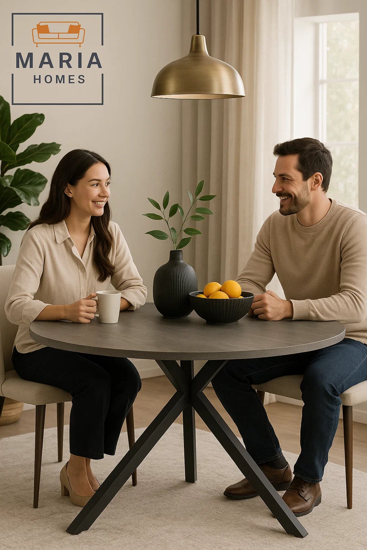 Grey stone round coffee table with angled black metal legs