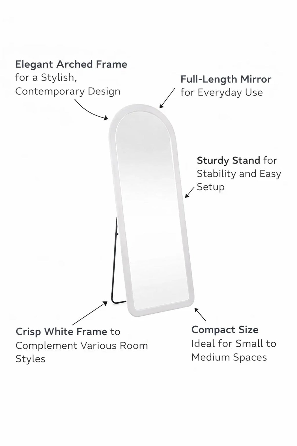 Modern Off-White Arched Full Length Stand Mirror 160x60cm for Bedroom Living Room Home Decor