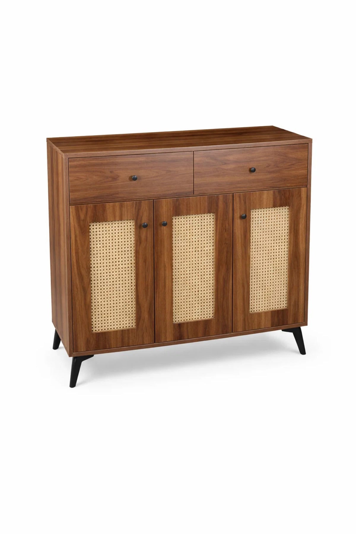 Wooden Shoe Cabinet Storage Organizer with Rattan Doors and Drawers for Modern Home Entrance