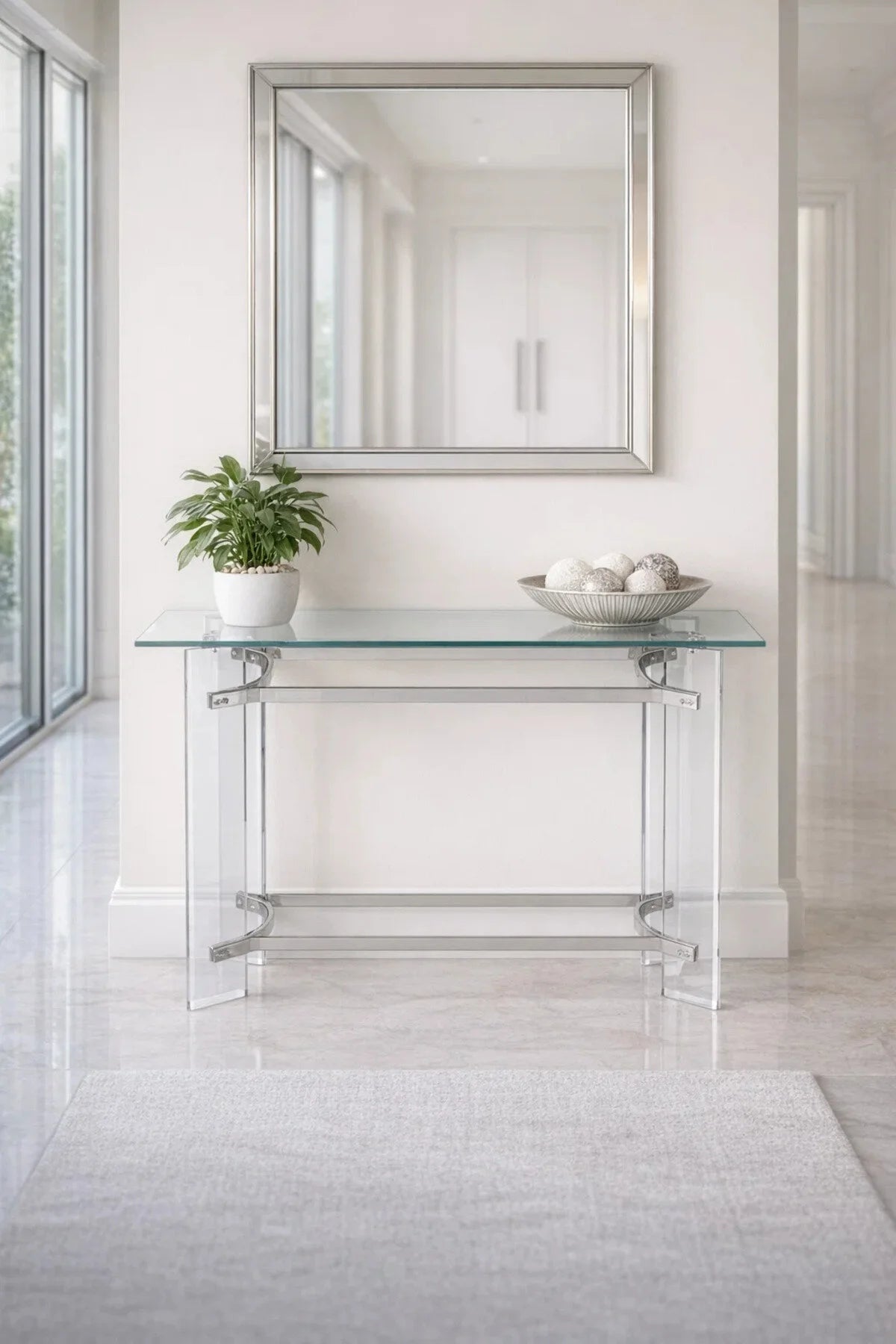 Luxury Clear Acrylic Console Table Chrome Silver Metal Frame Tempered Glass Top Hallway 120cm