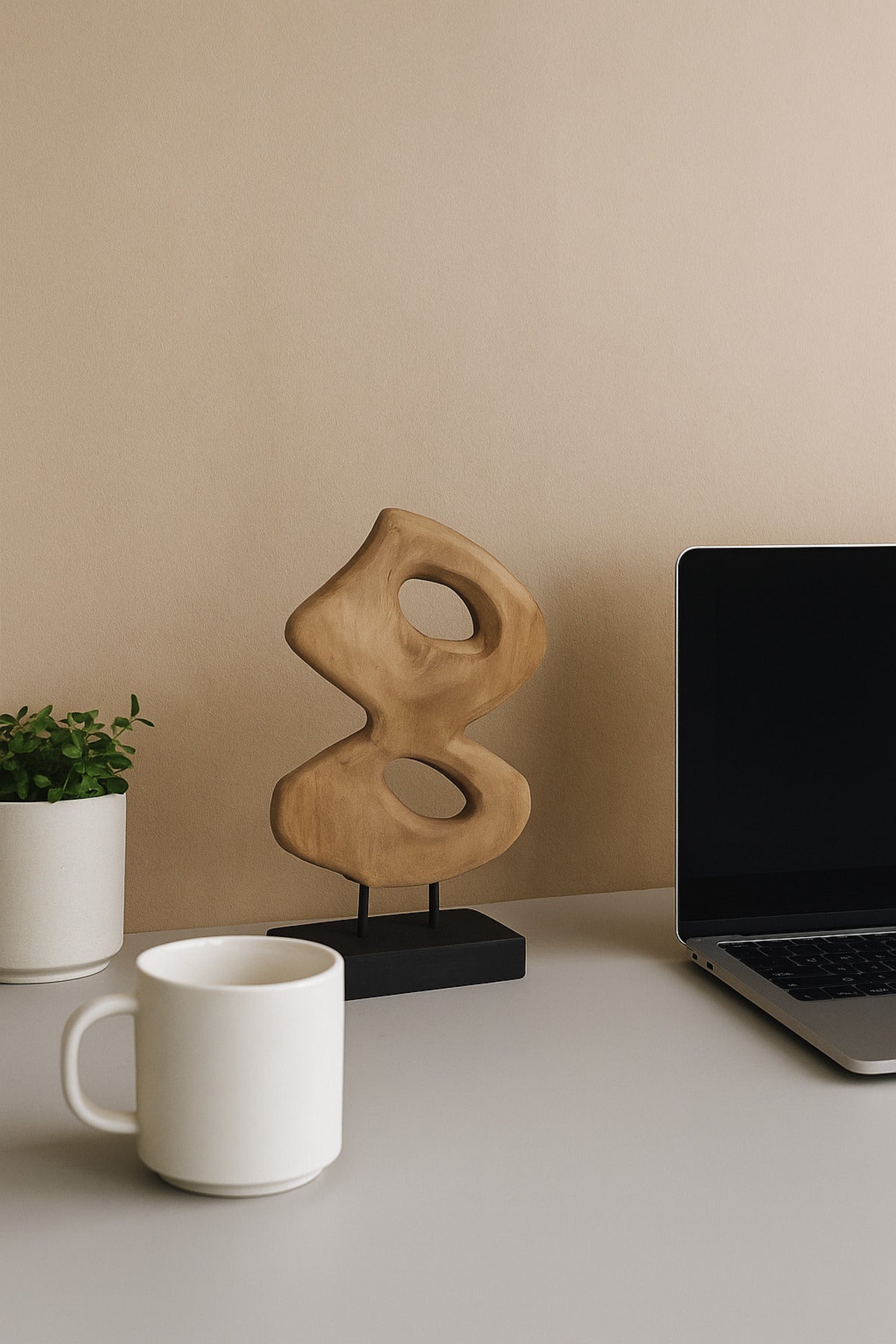 Walnut and Black Wooden Abstract Decorative Sculpture on Stand Ð Modern Art Accent