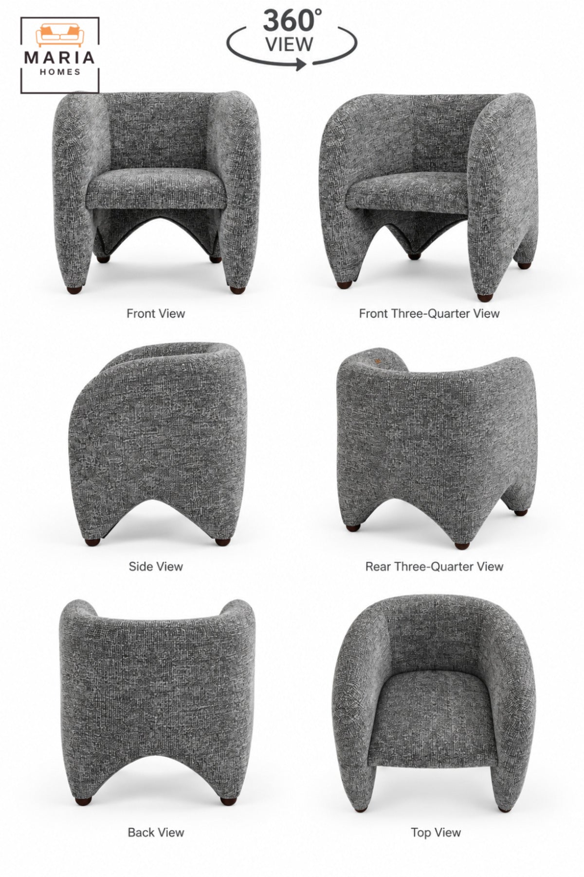 Modern Grey Upholstered Accent Chair with Curved Backrest, Padded Seat and Sculptural Design for Living Room, Bedroom, Lounge & Reception