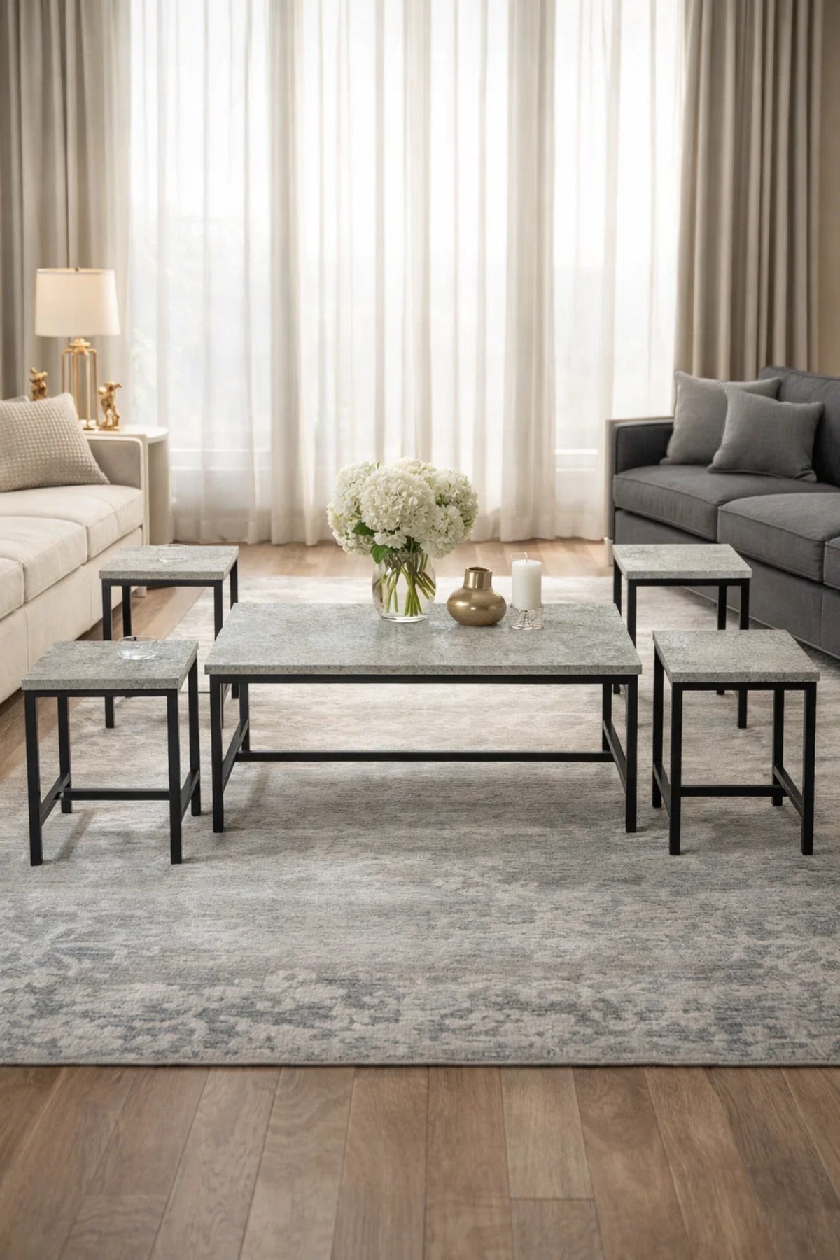 Grey 5-Piece Nesting Coffee Table Set Industrial Metal Frame for Modern Living Room Interiors