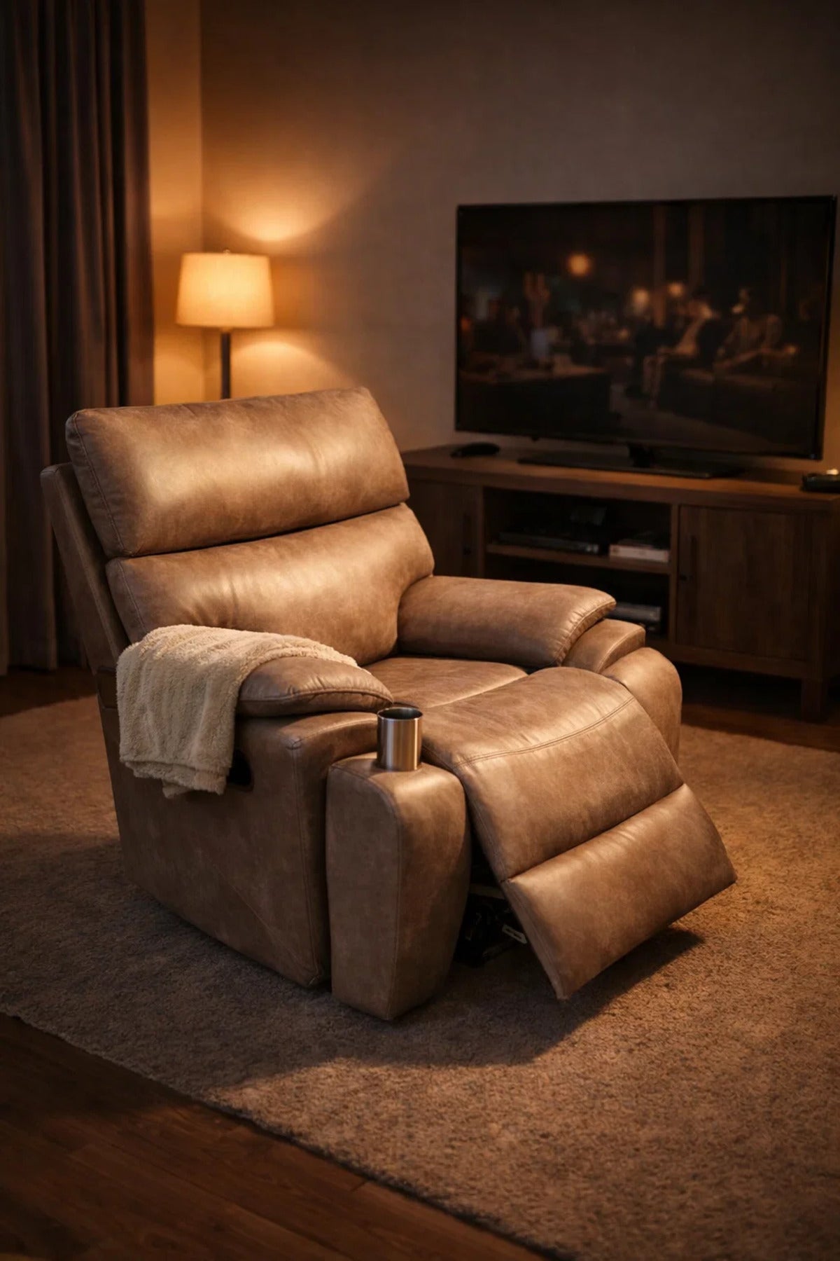 Premium Light Brown Leather Recliner Armchair with Cup Holder and Lumbar Support for Home Comfort