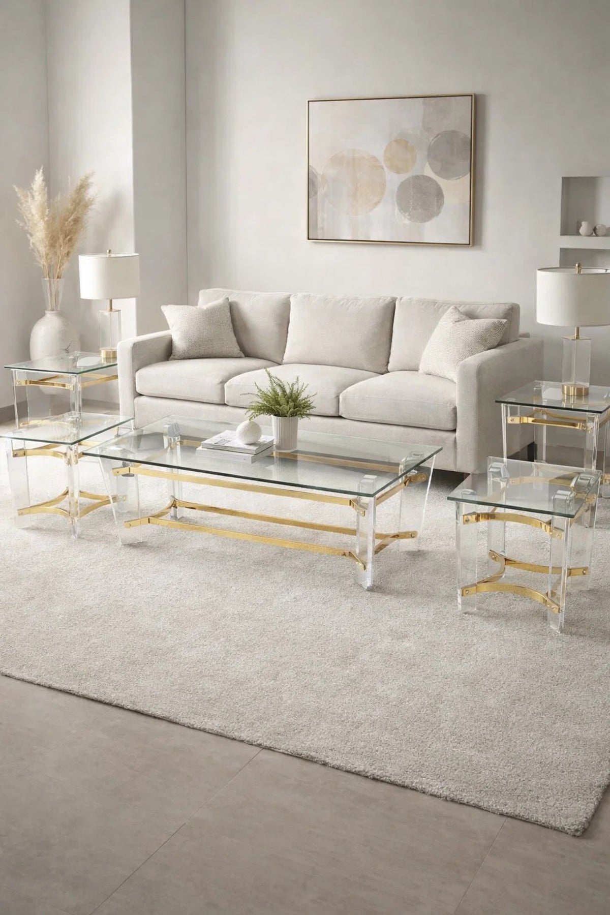 Elegant 5-Piece Glass Coffee Table Set with Gold Acrylic Base √ê Modern Living Room Furniture