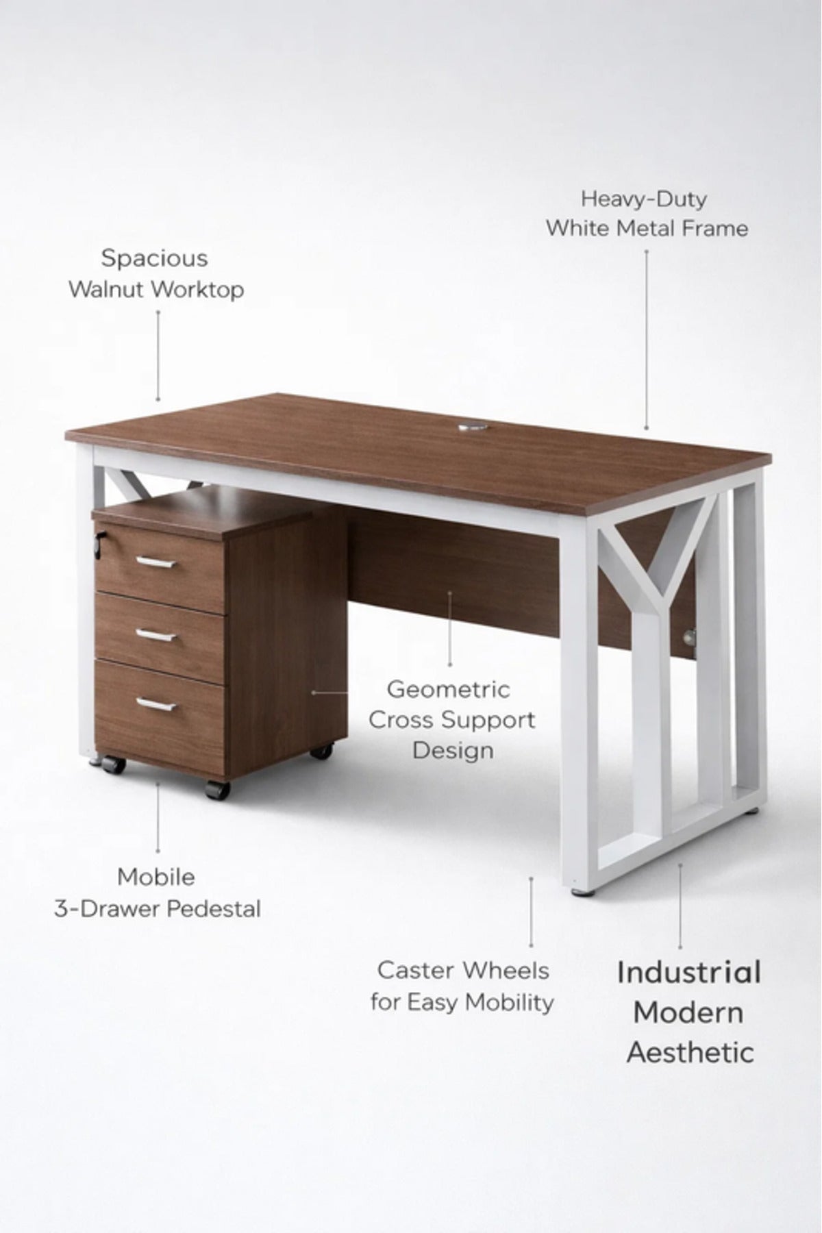 Modern Wooden LIGHT BROWN Office Desk with White Metal Frame & Mobile Drawer Unit