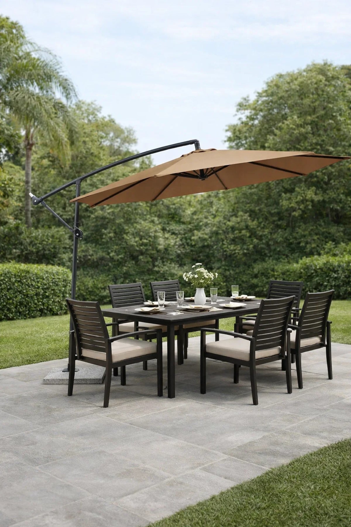 Luxury Dark Beige Offset Hanging Patio Umbrella with Base for Garden Terrace Outdoor Sun Shading