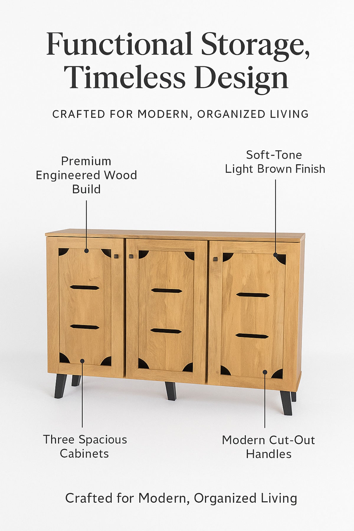 Light Brown Wooden Sideboard Cabinet Ð 3-Door Storage Unit with Modern Cutout Design 120_32_94 cm