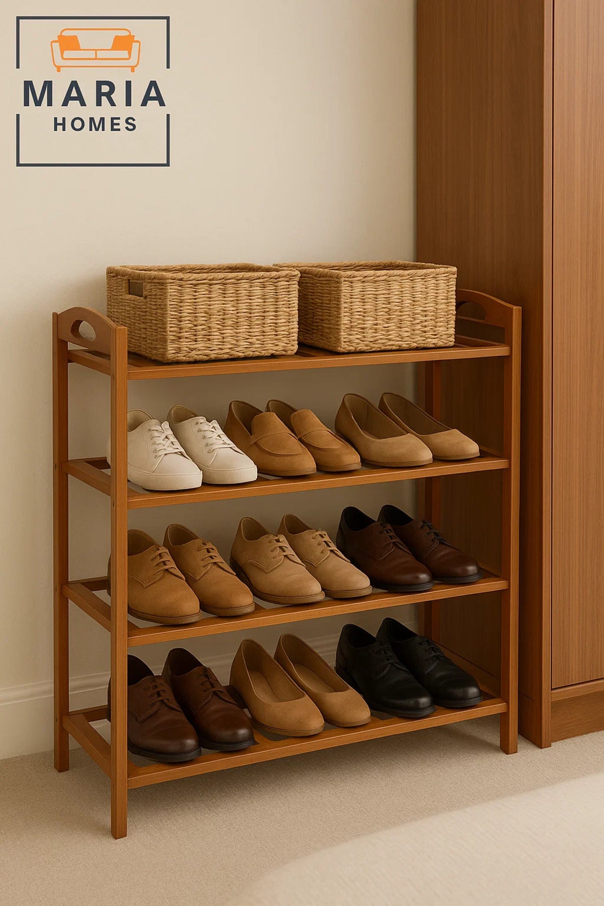 4-Tier Wooden Shoe Rack Organizer for Entryway, Closet or Bedroom Ð Compact and Sturdy Design