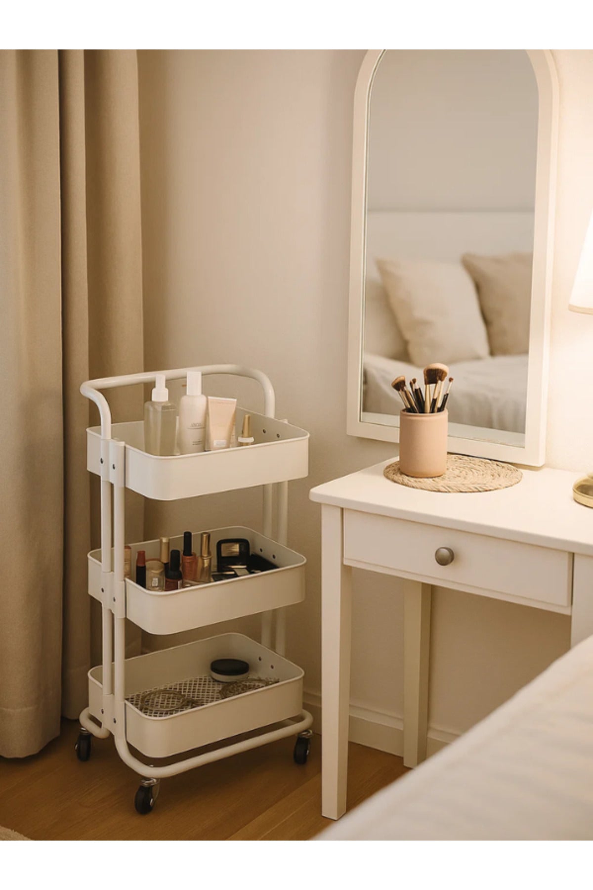 3-Layer White Metal Storage Trolley with Wheels Ð Multi-Purpose Rolling Organizer Cart