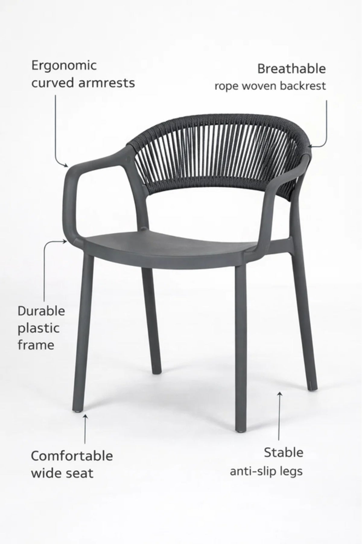 Modern Grey Rattan Back Dining Chair with Armrests for Indoor Outdoor Seating