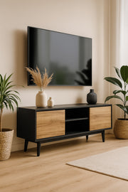 Modern Black & Wood TV Cabinet 160_40_57 cm Sleek Entertainment Unit with Sliding Doors