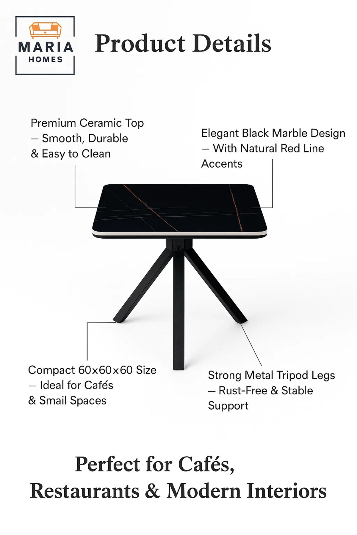 Square Black Dining Table √ê Modern Caf≈Ω, Restaurant, Office & Home Metal Furniture 60_60_60 cm