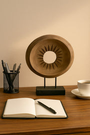 Walnut and Black Wooden Round Decorative Sculpture on Stand Ð Modern Home Accent