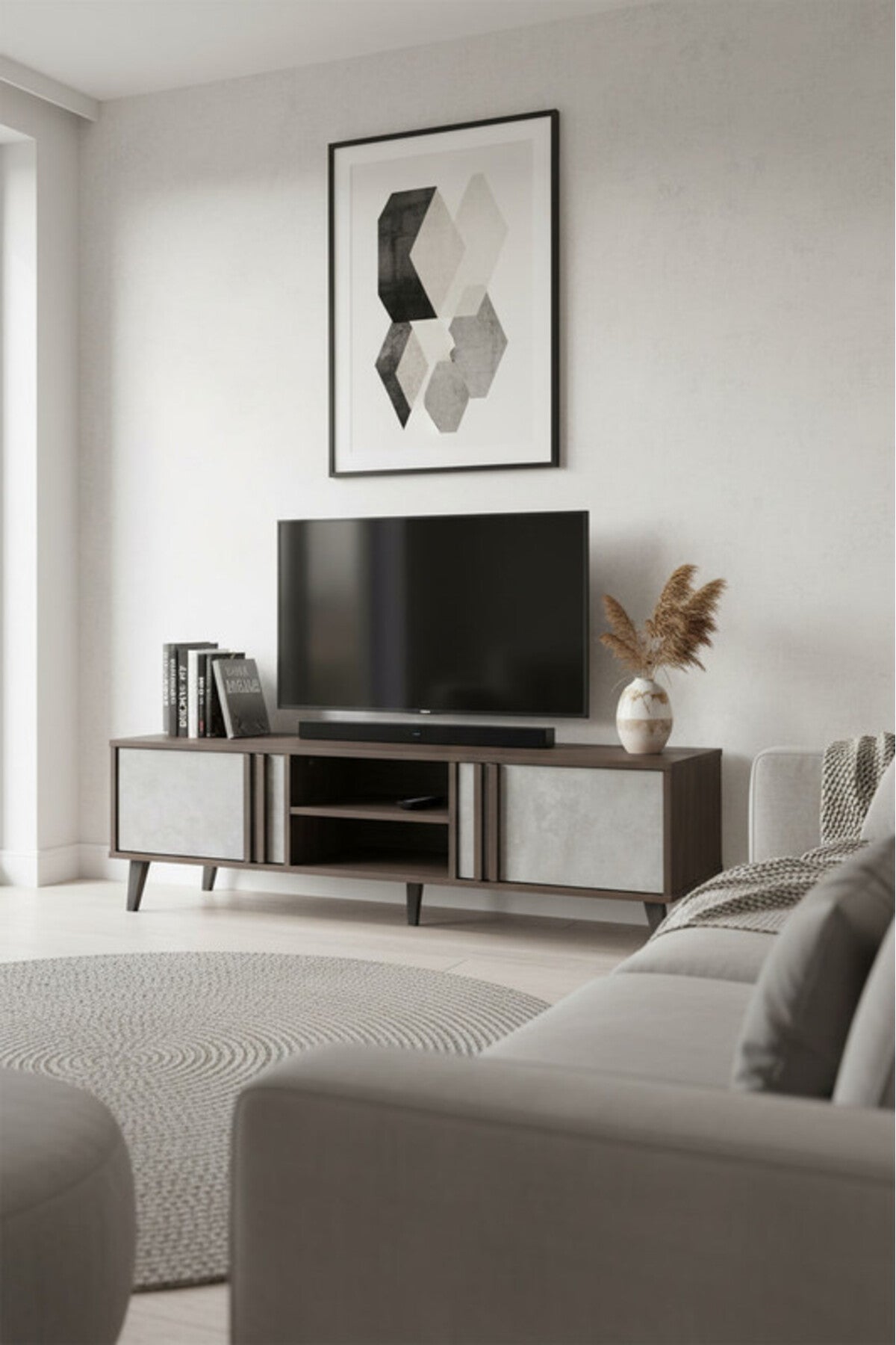 Modern BROWN&GREY TV table with Concrete Panel Doors & Open Storage Shelf