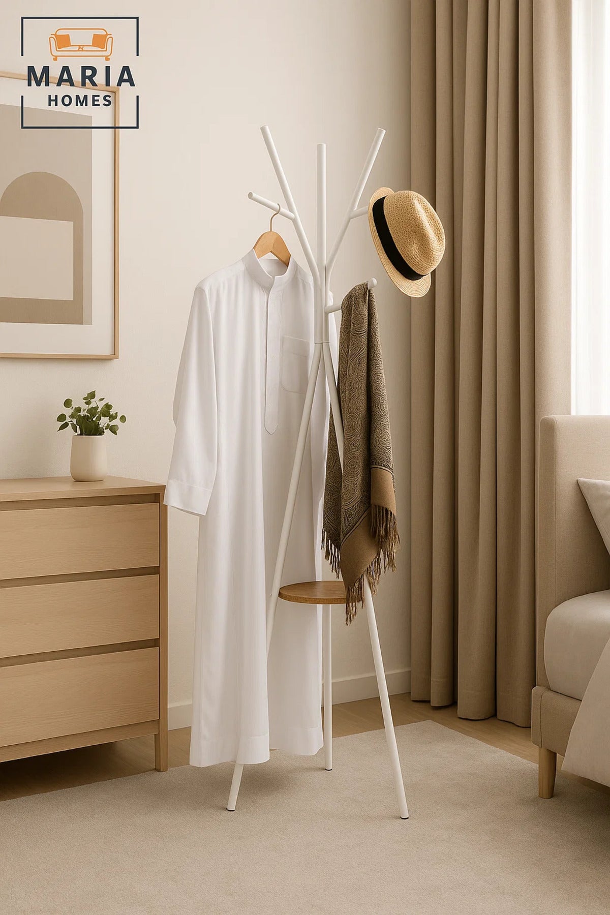 White Tripod Metal Coat Rack with Wooden Shelf