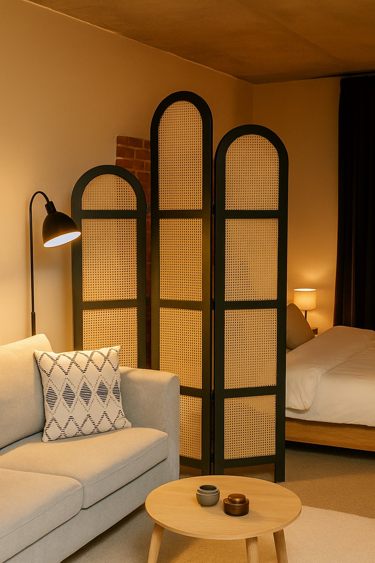 3-Panel Rattan Room Divider with Black Frame Ð 121_180 cm Modern Arched Privacy Screen