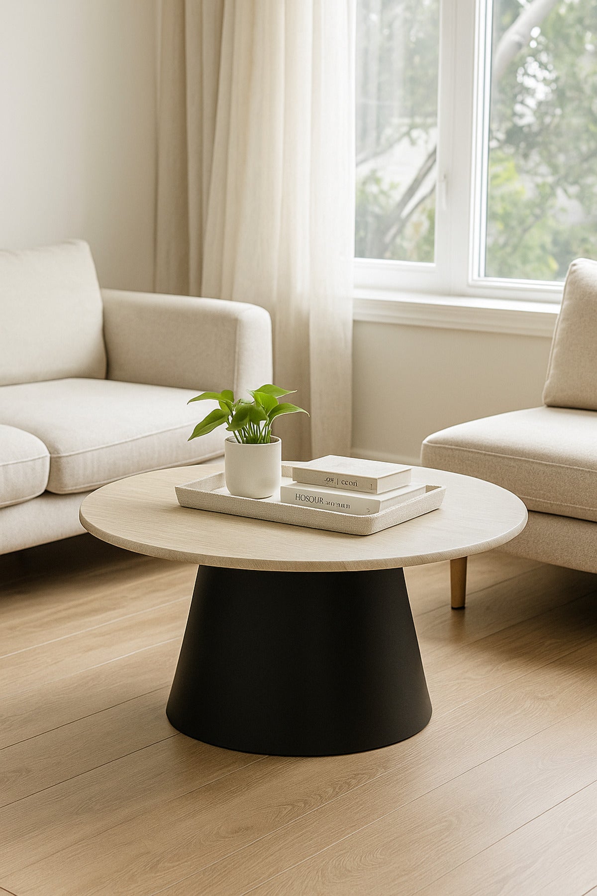 Modern Round Coffee Table with Wooden Top and Black Base Stylish Center Table 90_45cm