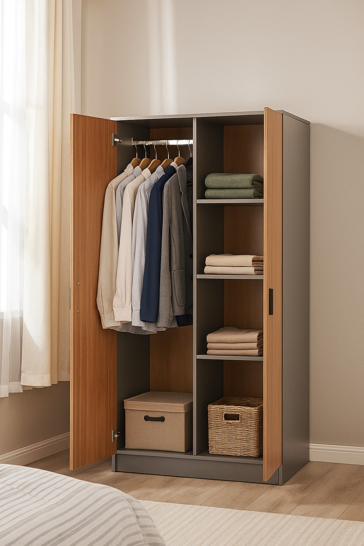 2-Door Wardrobe with Shelves Ð 80_54_200 cm Modern Gray & Wood Finish Storage Cabinet