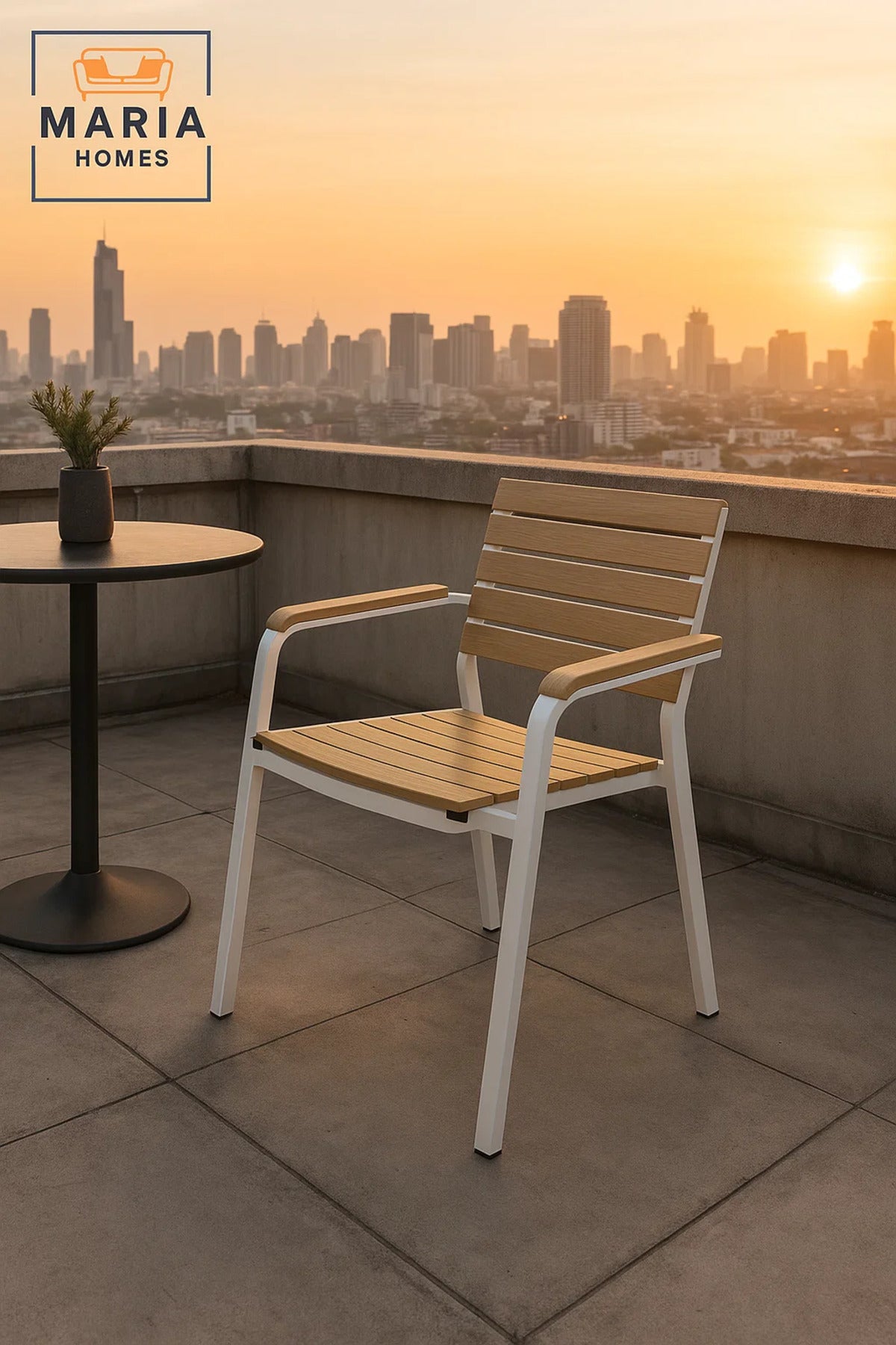 White & Beige Outdoor Dining Armchair Metal Frame Wooden Look Garden Patio Balcony Durable Chair