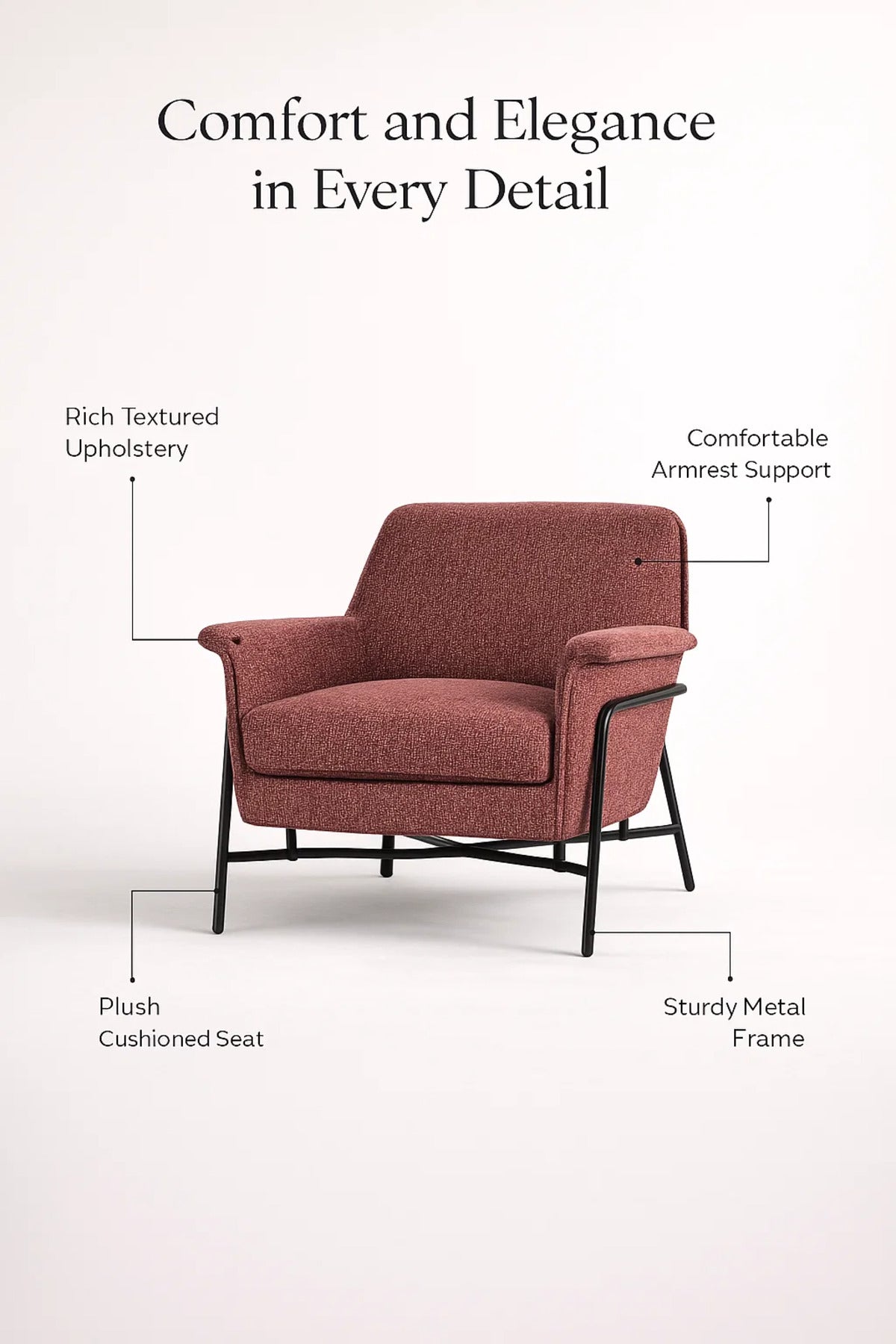 Modern Upholstered Armchair Red Comfortable Accent Chair with Metal Frame