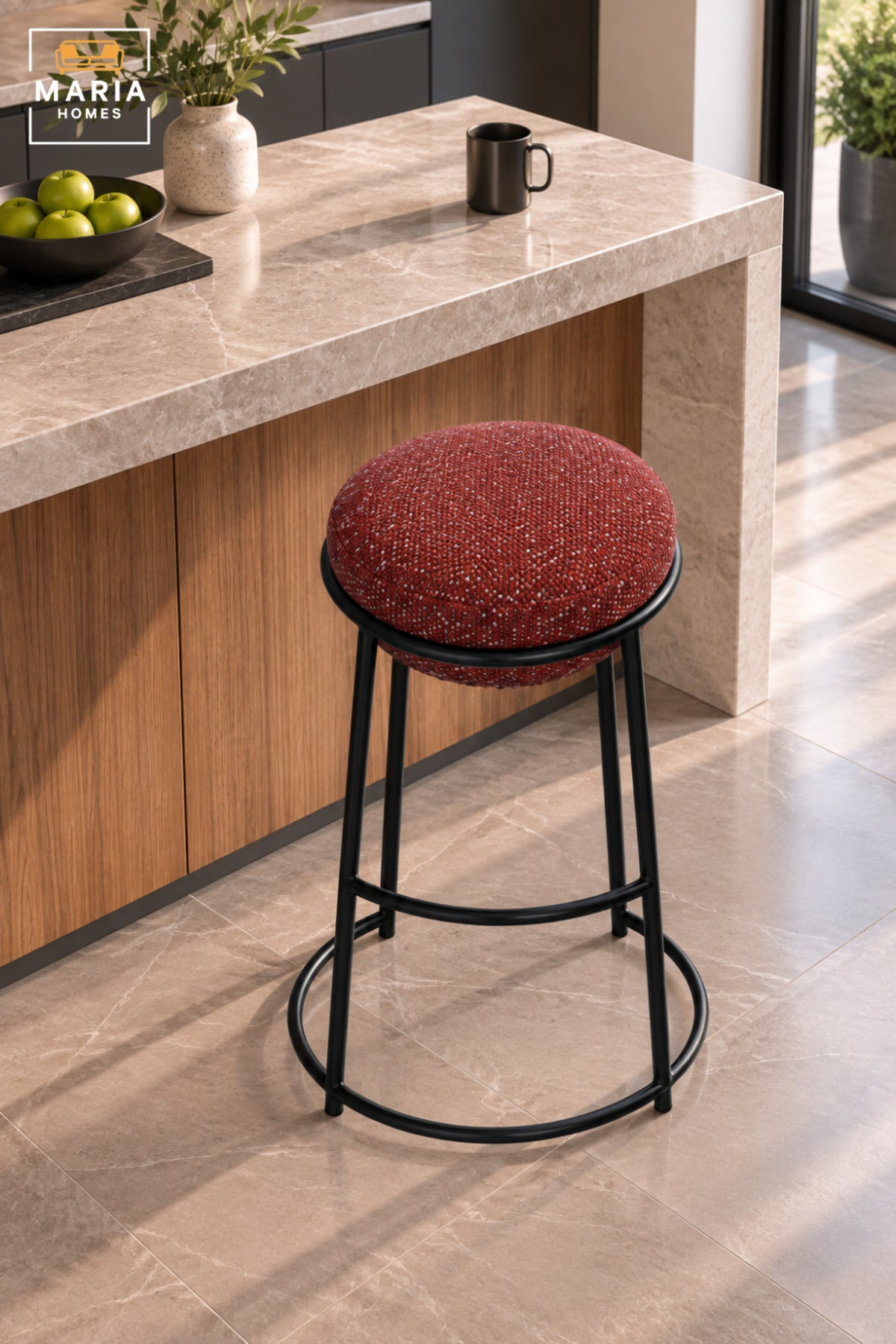 Modern Round Bar Stool with Padded Fabric Seat & Circular Footrest | Red Upholstered High Counter Chair with Slim Black Frame for Café and Kitchen 70x33cm