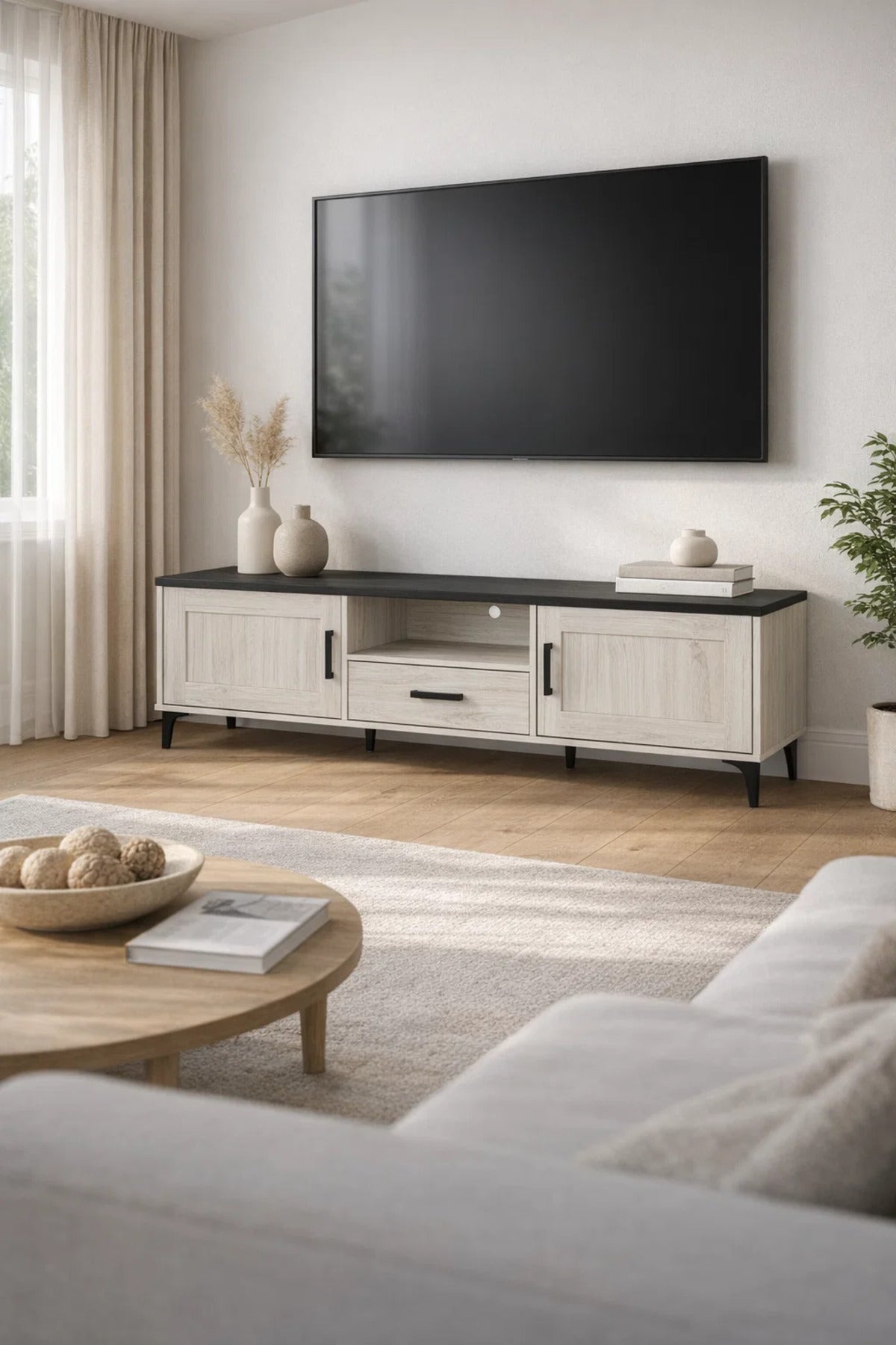 White Oak TV Stand √ê 180x40x50 cm Modern Wooden Plasma Table with Cabinets & Drawer